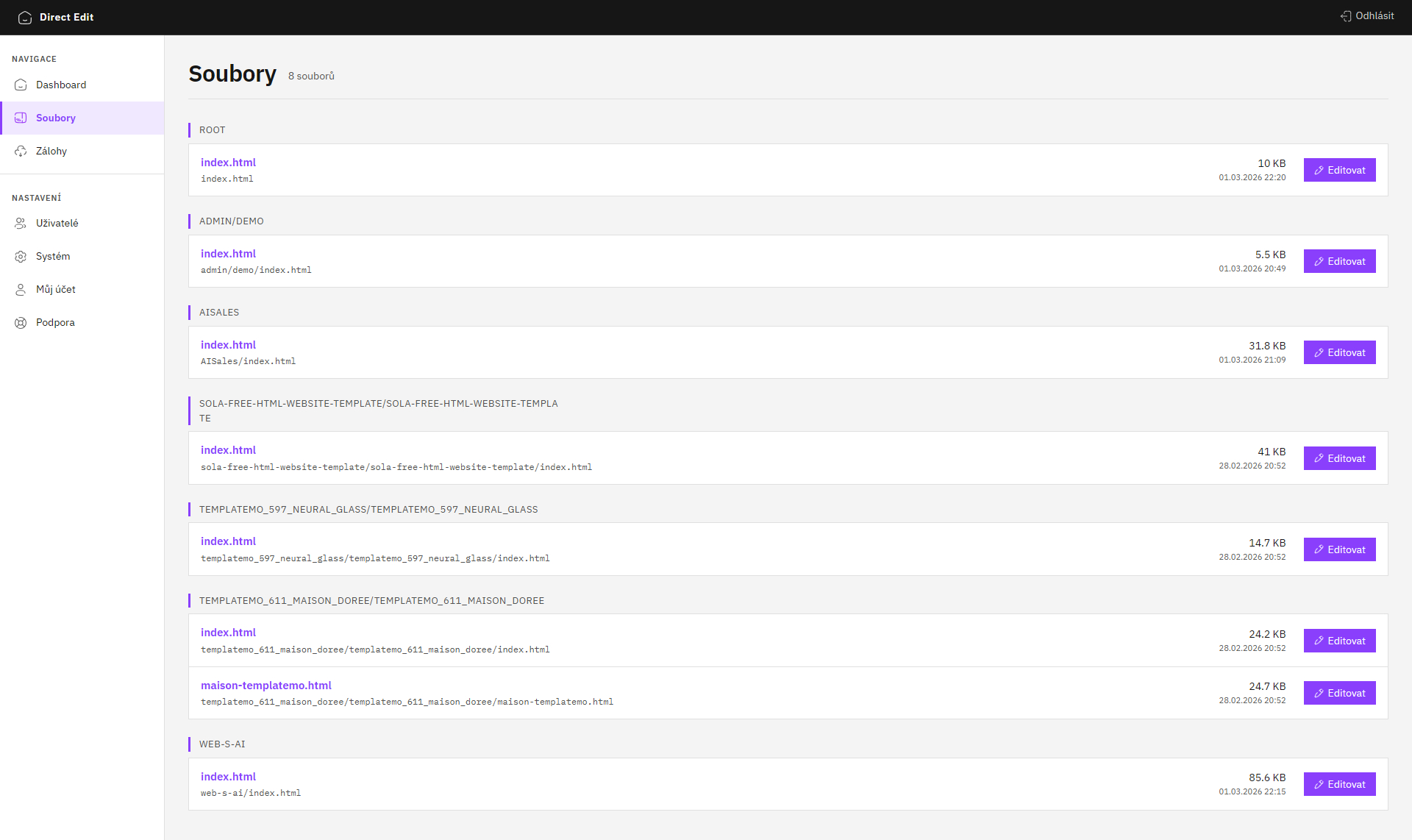 Náhled Direct Edit rozhraní